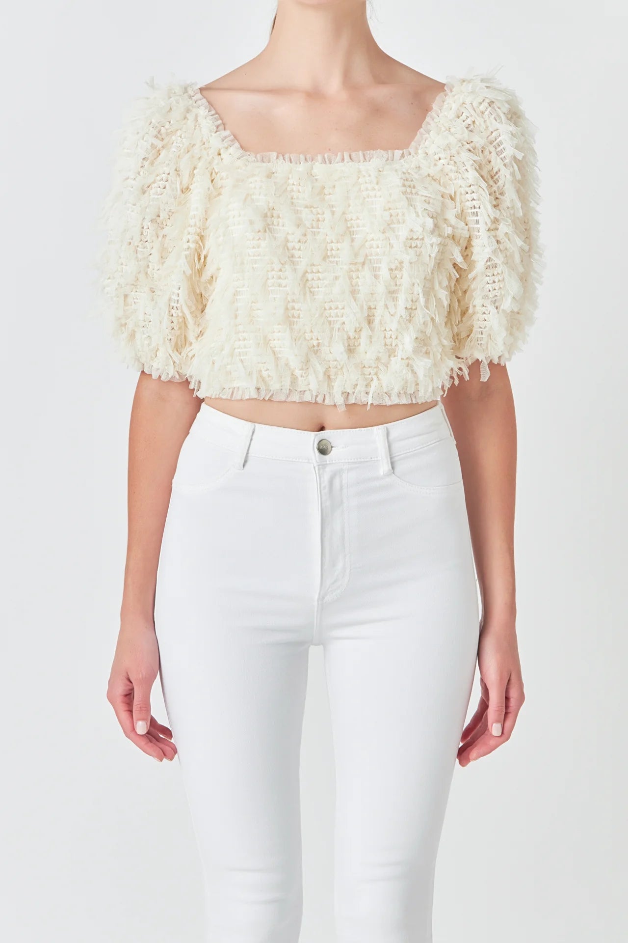 Mesh Trimmed Puff Sleeve Top