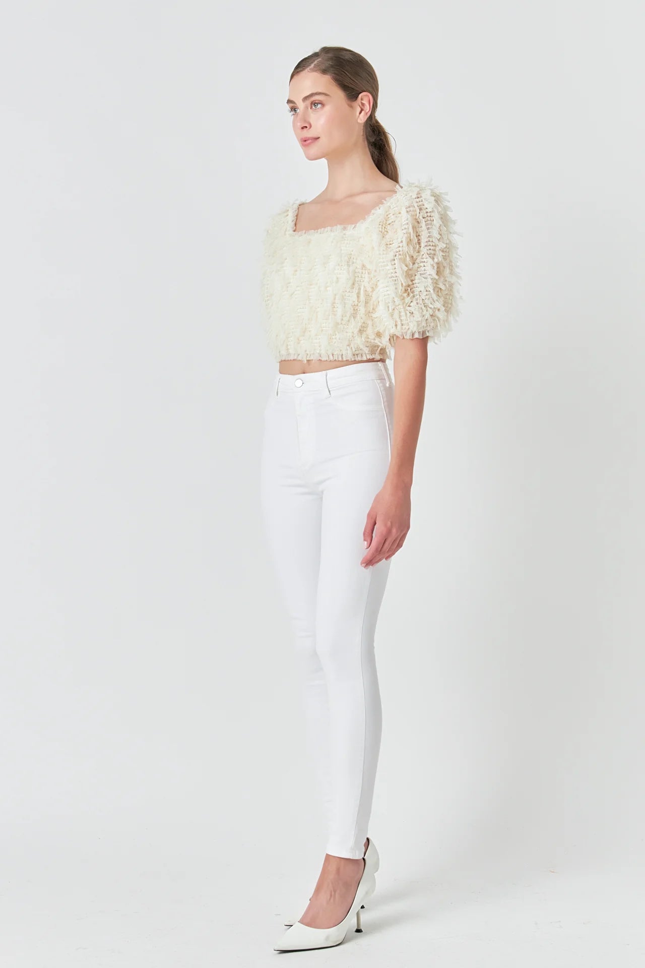 Mesh Trimmed Puff Sleeve Top