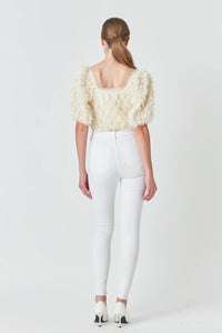 Mesh Trimmed Puff Sleeve Top